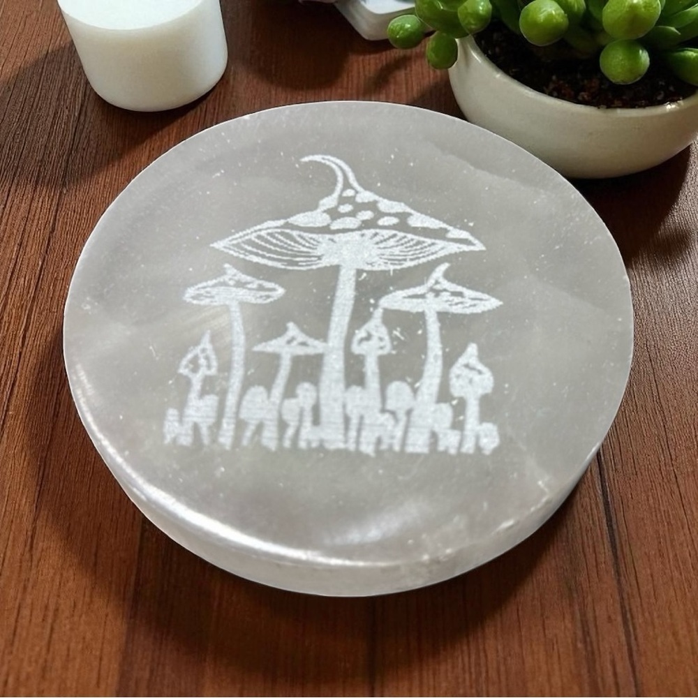 PRICE IS FIRM - Selenite Satin Spar Mushroom Coaster Charging Decor Plate